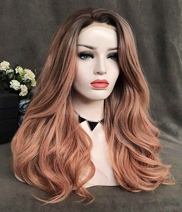 Peach Rose with Caramel Highlights and Dark Roots Synthetic Lace Front Wig