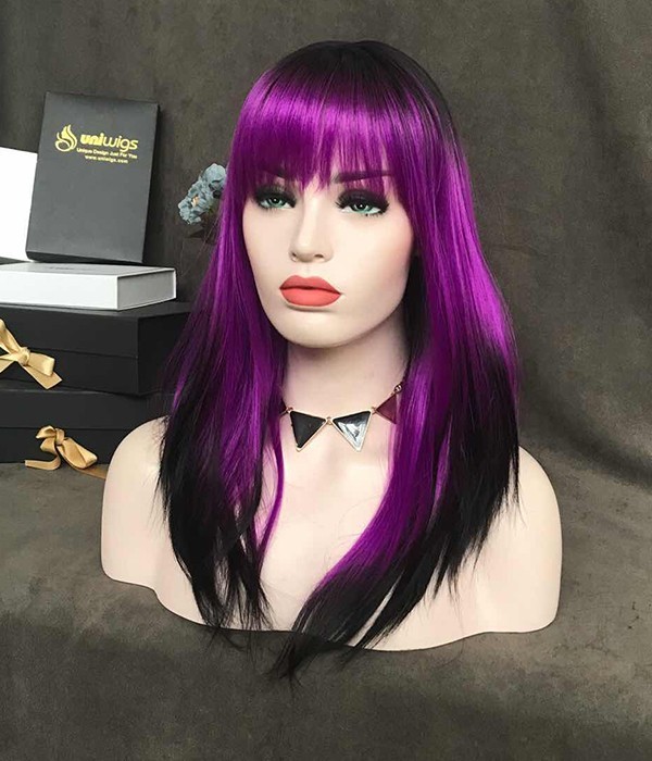 Violet with Black Tips and Bangs Synthetic Wig