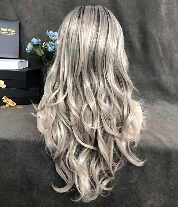 Hot Ice Grey With White Highlights And Black Rooted Synthetic Lace