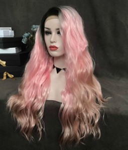 Sakura / Bubblegum Pink Synthetic Lace Front Wig with Black Roots