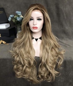 Aphrodite Blonde Balayage Waist Length Wavy Synthetic Lace Front Wig