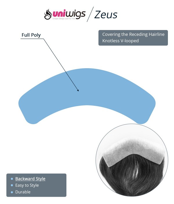 Zeus -- Men's Frontal Hairpiece | Toupee Piece Specially for Receding Hairline | Backward Hair Direction