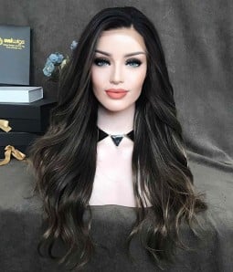 Toasted Umber Dark Brown Balayage Long Natural Wavy Synthetic Lace Front Wig