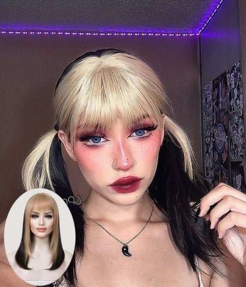 Narcissa| Blonde Chuncky Highlight Straight Synthetic Wig with Bangs
