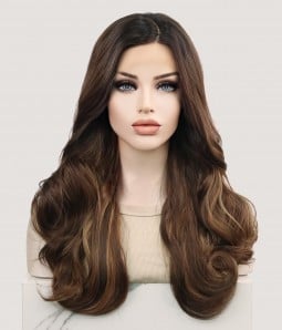 Loco Cocoa | Brunette Balayage Long Wavy Synthetic T-part Lace Front Wig | Left