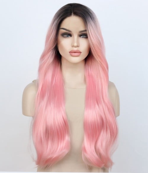 Bubble Gum | Dark Rooted Pastel Pink Long Soft Wave Synthetic Lace Front Wig