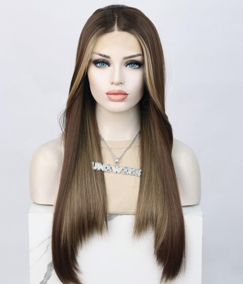 Dark Caramel Long Straight Synthetic Lace Front Wig | Money Piece