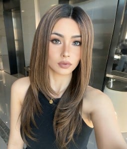 20“ Emmie | Oval Layered Brunette Balayage Remy Human Hair Lace Wig | Dark Roots