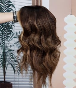 Star X | Brunette Balayage Remy Human Hair Silk Top Wig with Lace Front S/M | Fully Hand-tied Medical Cap