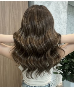 Serenity A | Brunette Balayage Remy Human Hair Silk Top with Lace Front Wig |Hand-tied Medical Cap