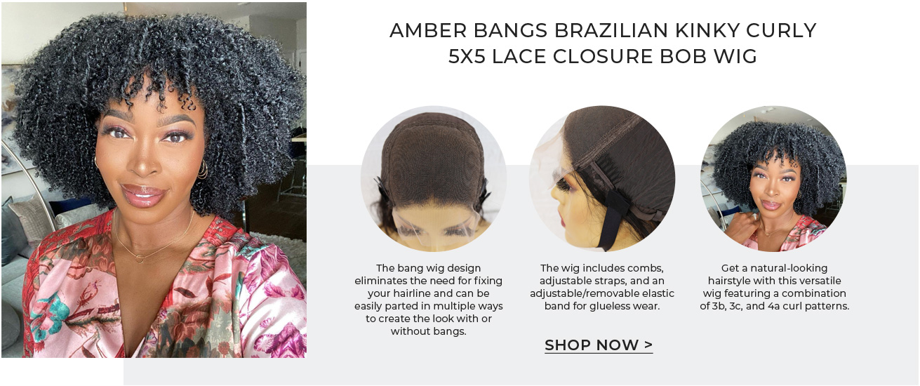 Amber Bangs Brazilian Kinky Curly 5x5 Lace Closure Bob Wig