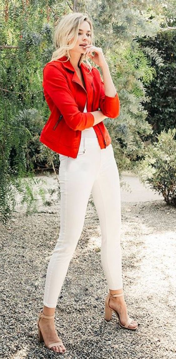 White jeans and a red jacket