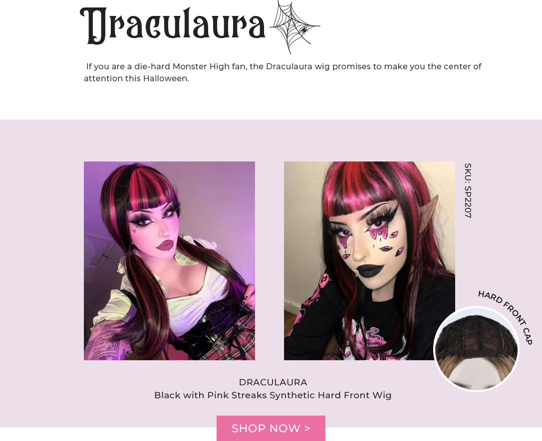 Draculaura | Black with Pink Streaks Synthetic Hard Front Wig