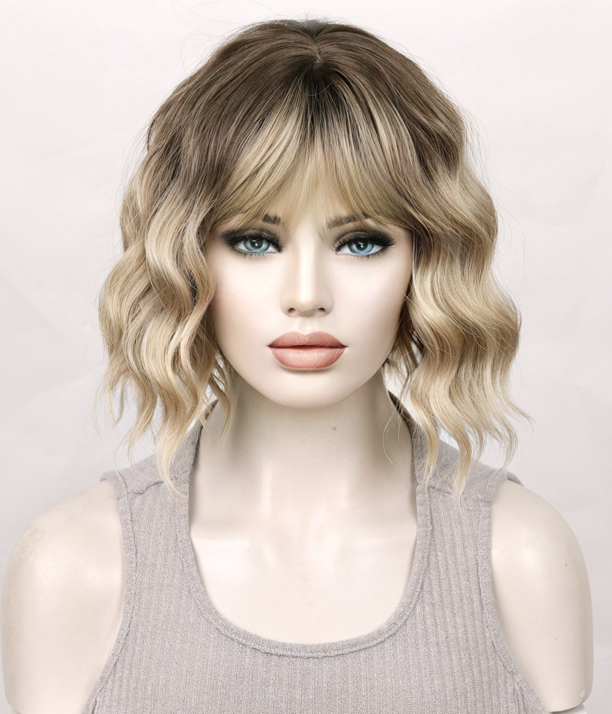 Blonde Short Wavy Bob Synthetic Wig with Bangs