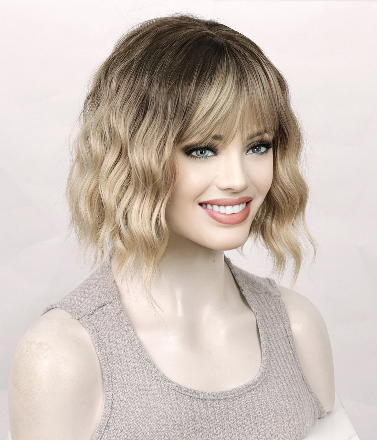 Blonde Short Wavy Bob Synthetic Wig with Bangs