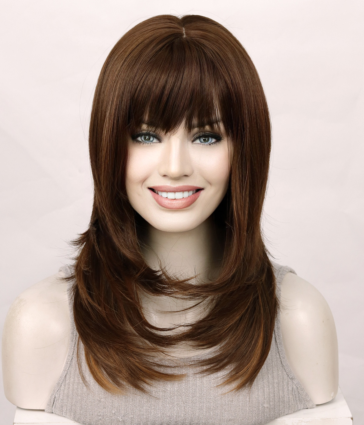 Rich Brown Highlighted Layered Synthetic Wig with Bangs