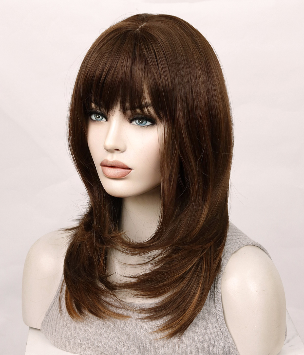 Rich Brown Highlighted Layered Synthetic Wig with Bangs