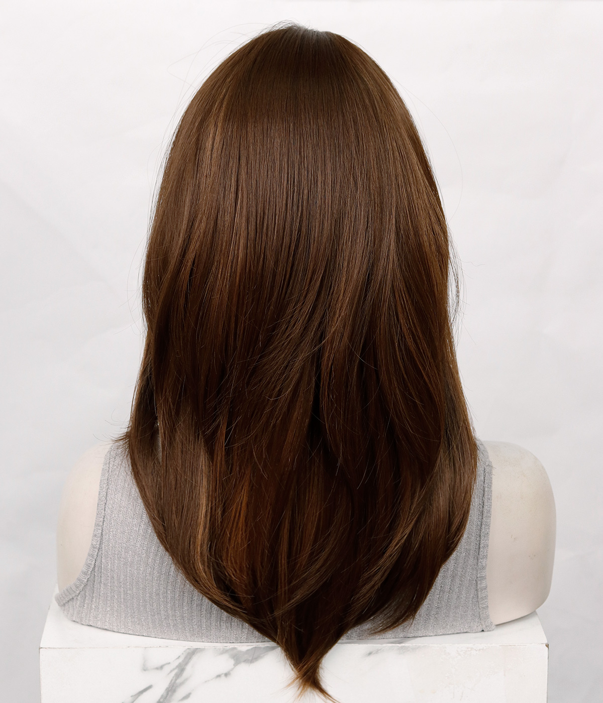 Rich Brown Highlighted Layered Synthetic Wig with Bangs