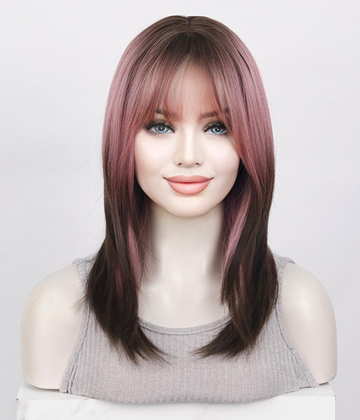 Rosewood l Dust Pink Ombre Brown Mid-Length Synthetic Wig