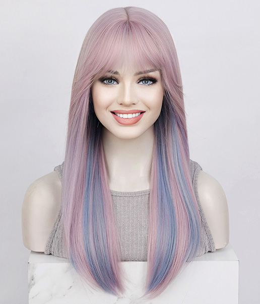 Cotton Candy l Pastel Pink Blue Streaks Synthetic Wig With Bangs