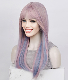 Cotton Candy l Pastel Pink Blue Streaks Synthetic Wig With Bangs