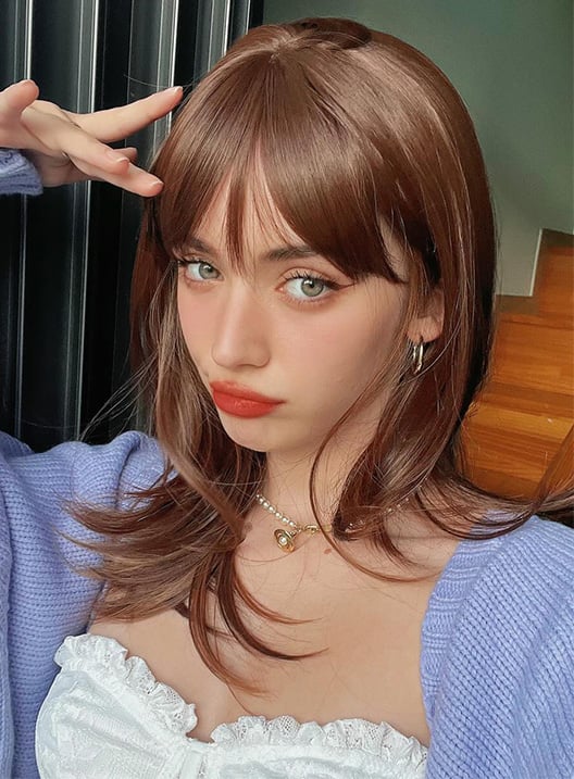 Liza - Rich Brown Highlighted Layered Synthetic Wig with Bangs